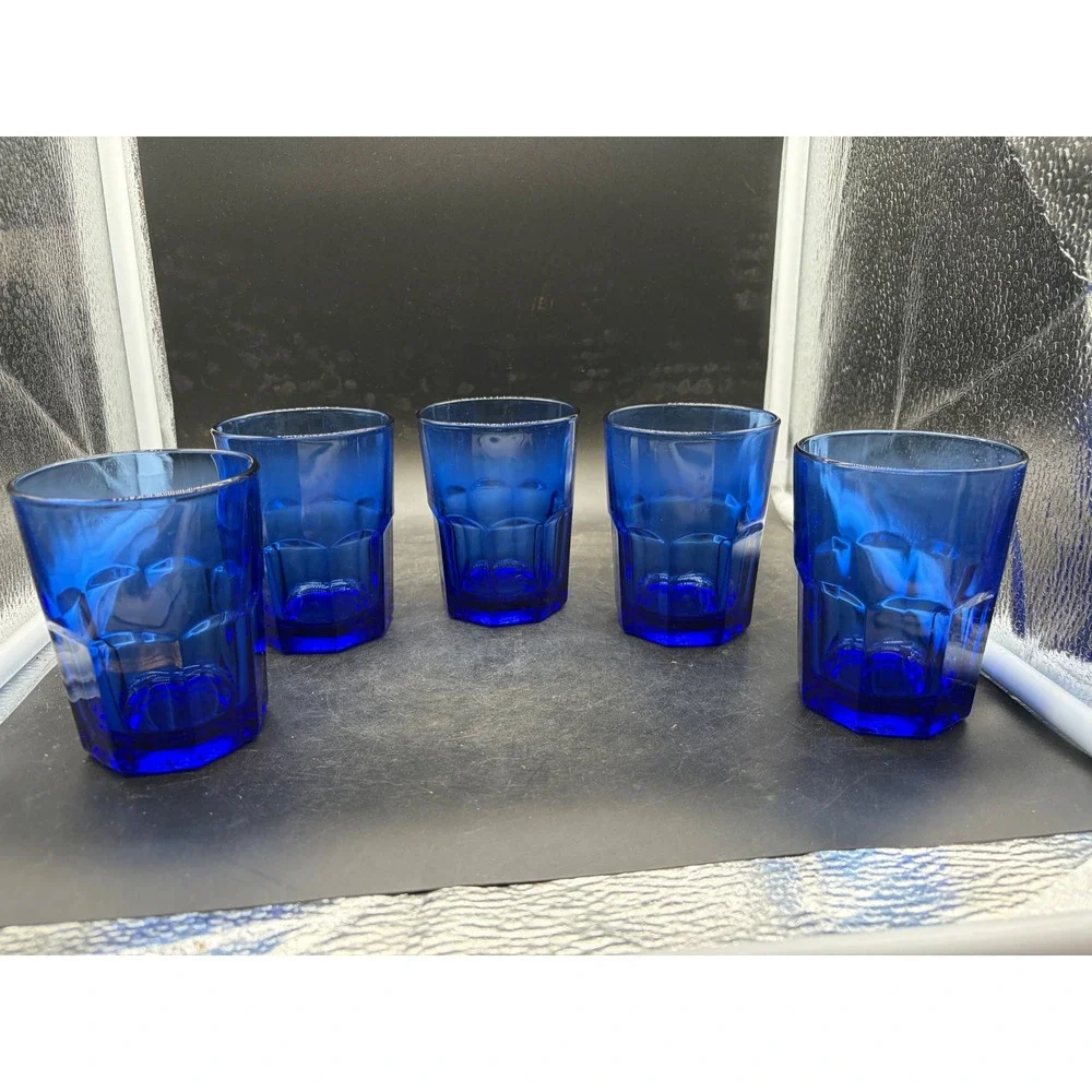 Crisa Cobalt Blue Glass Tumblers Set of 5 Paneled Drinking Glasses 6oz